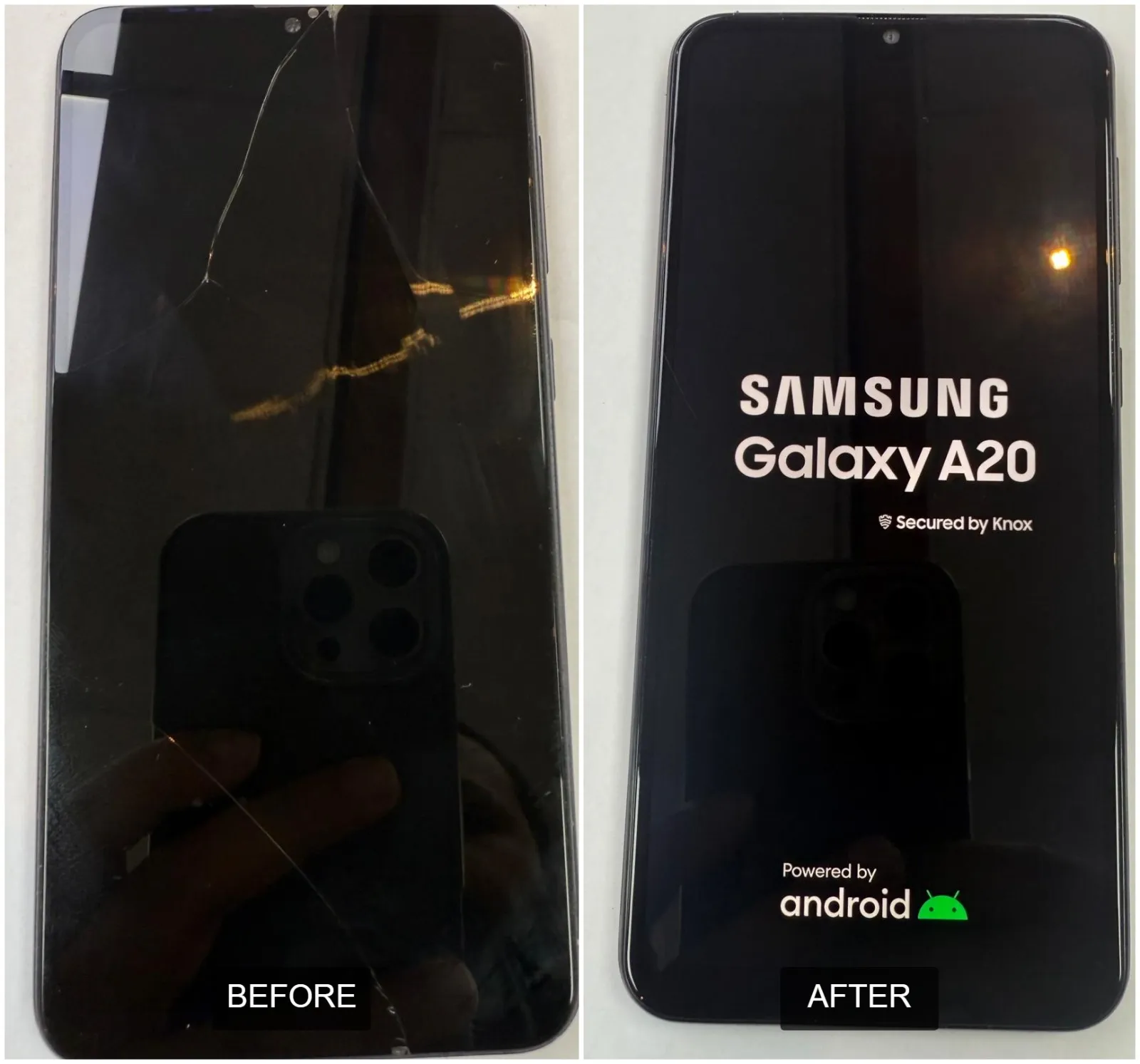 Samsung Galaxy A20 screen: before and after repair at Tech Geek Feltham