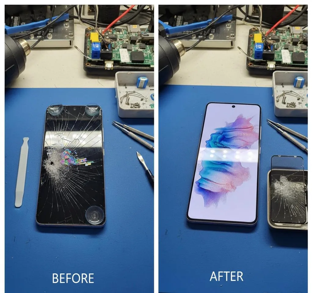 Samsung Galaxy screen: before and after repair at Tech Geek Feltham