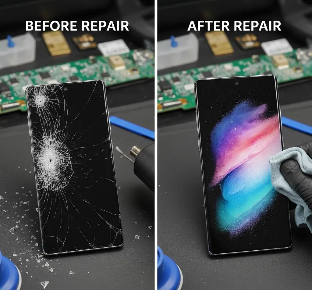 Samsung Galaxy screen: before and after repair at Tech Geek Feltham