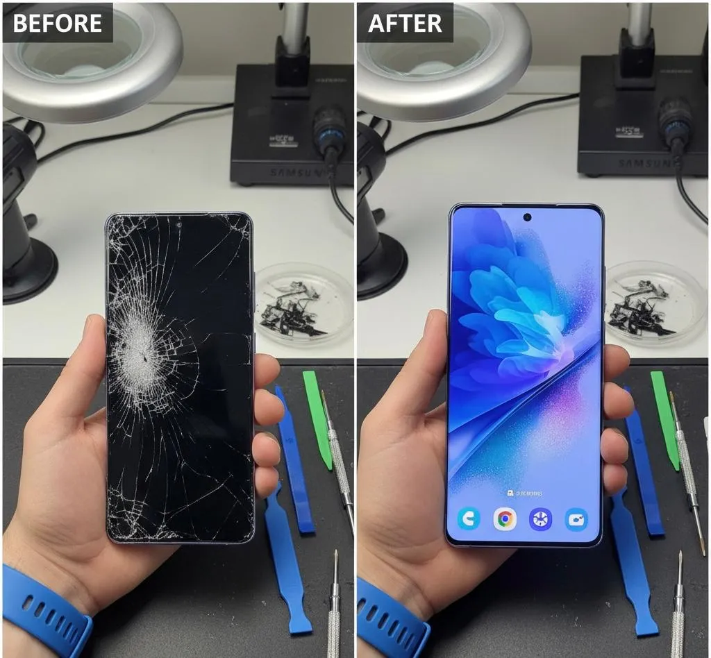 Samsung Galaxy screen: before and after repair at Tech Geek Feltham