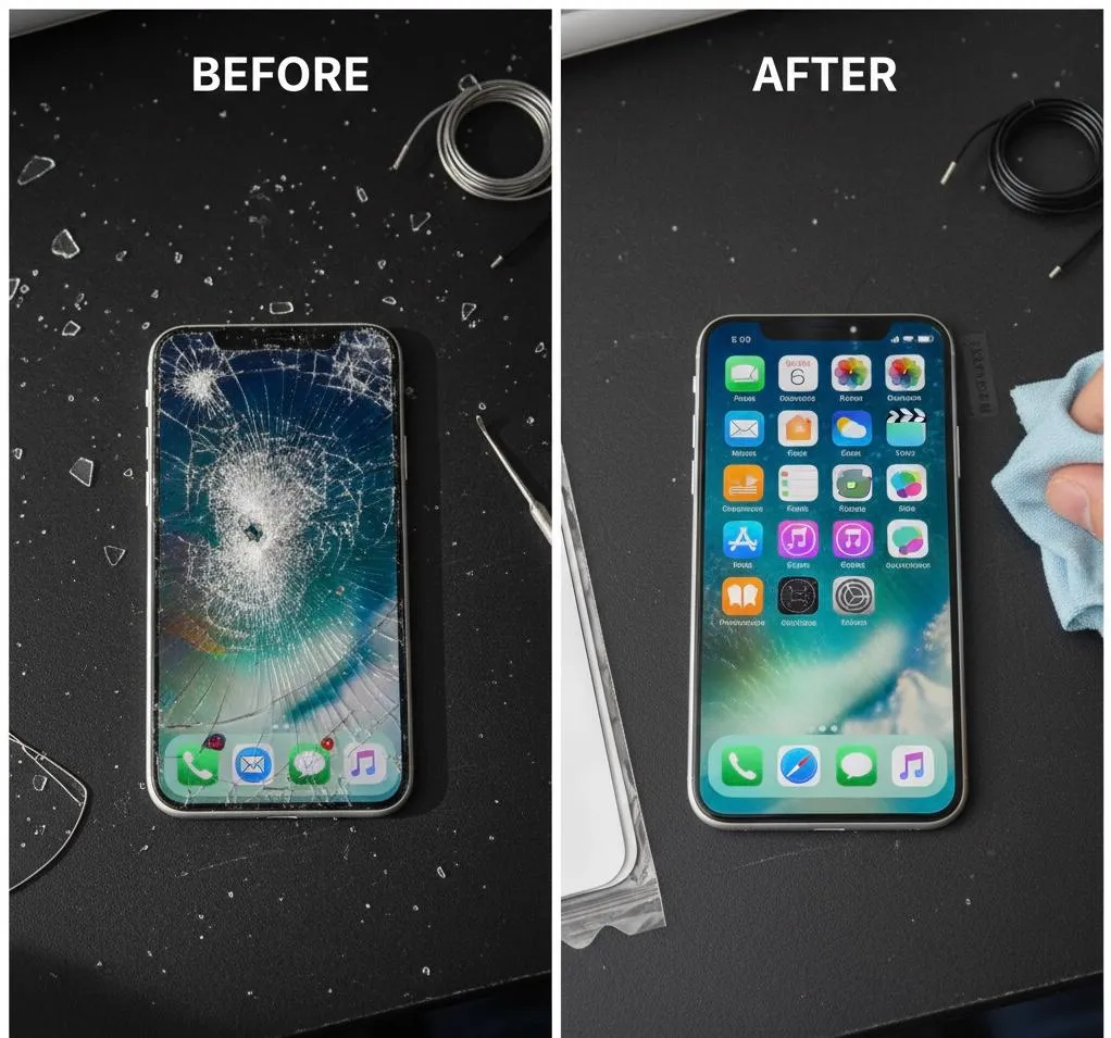iPhone screen: before and after repair at Tech Geek Feltham