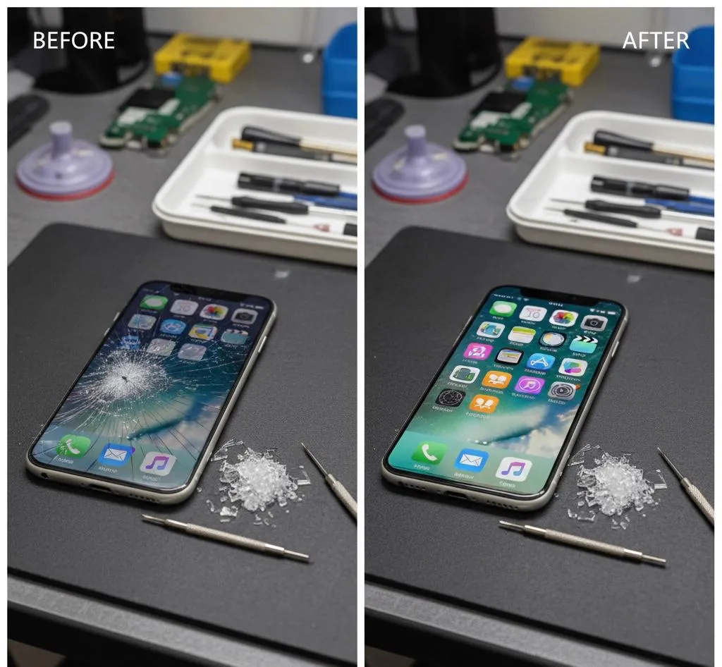 iPhone screen: before and after repair at Tech Geek Feltham